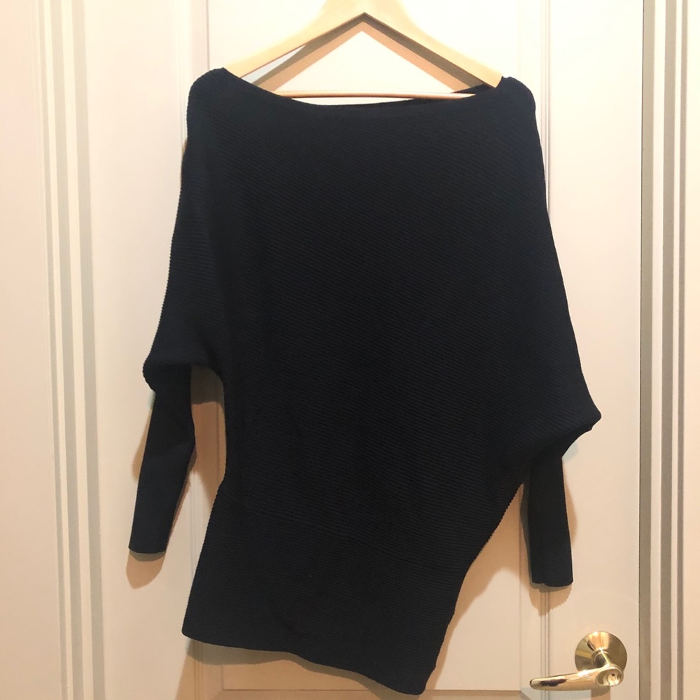 Reiss Lorna Black Medium Asymmetric Drape Knit Off the Shoulder Top Sweater